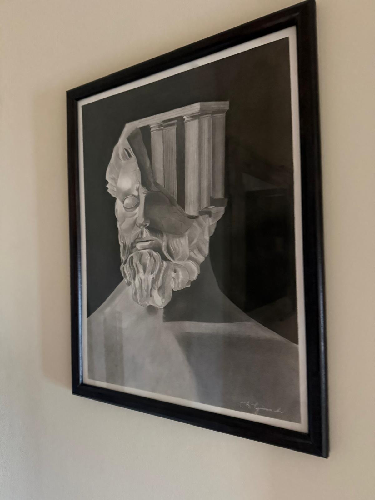 Framed charcoal drawing of a classical bearded bust with columns
