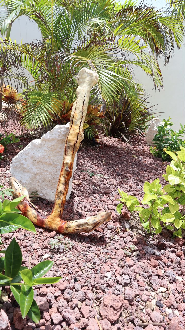 Weathered anchor sculpture in the tropical garden