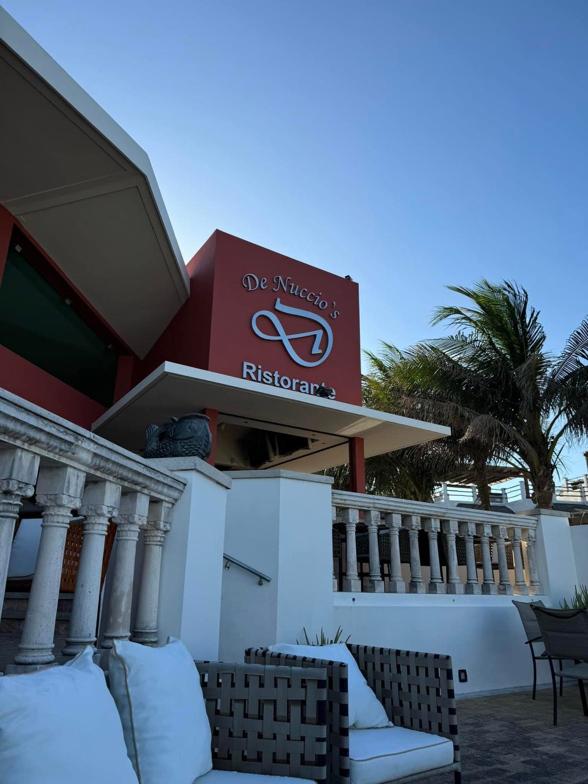 De Nuccio's Ristorante entrance and balustrade terrace in daylight